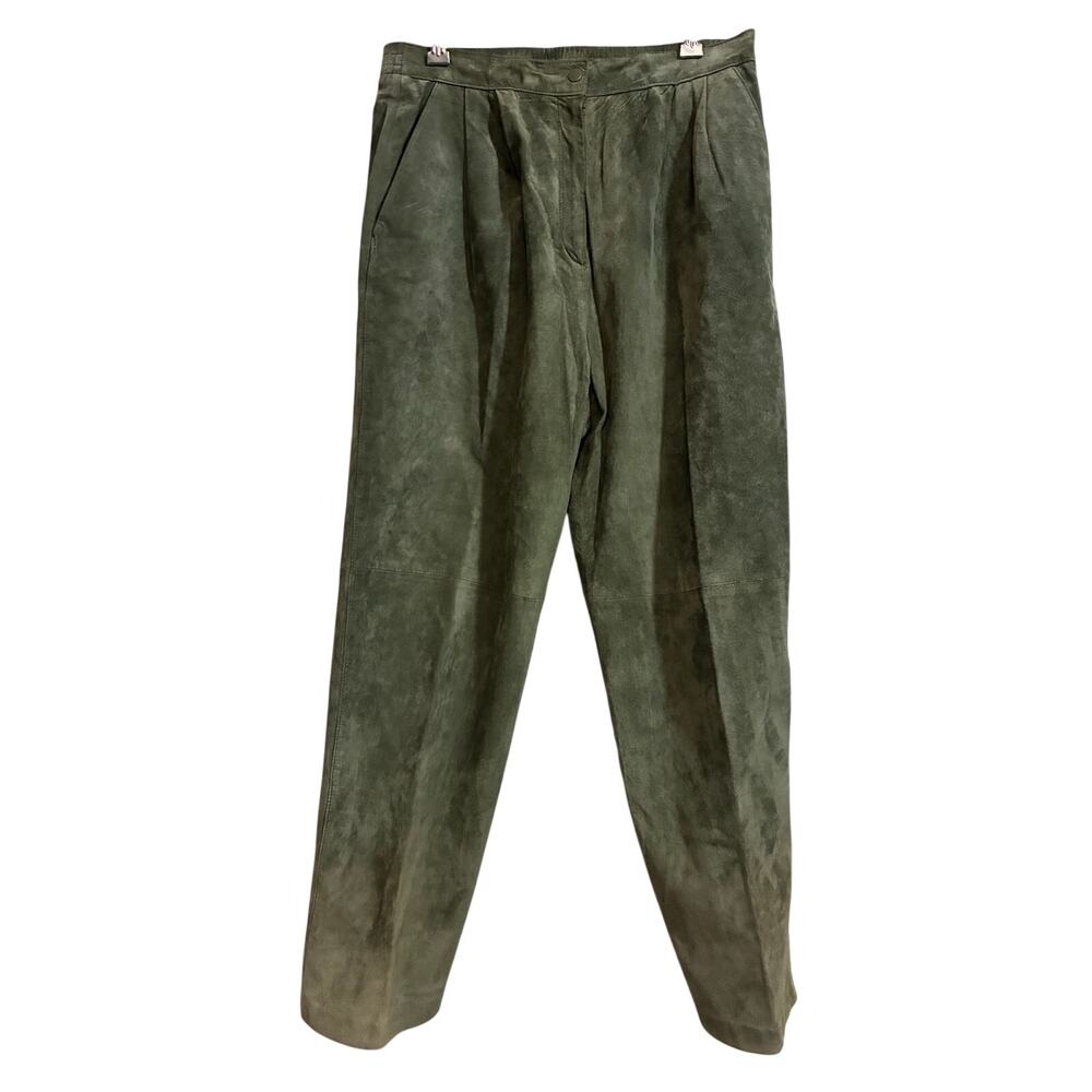 Evan Davies Womens 12 Olive Green 100% Suede Leather Pants High Rise Pleated